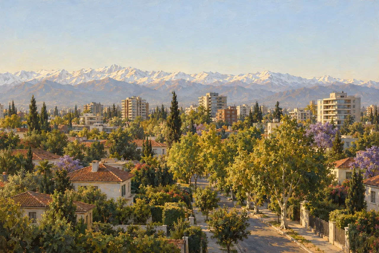 Óleo de un barrio de Santiago con jacarandás y edificios frente a la cordillera