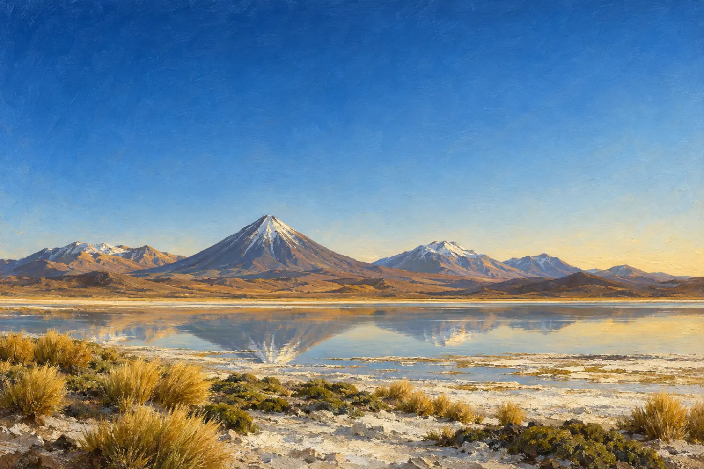 Óleo del volcán Licancabur reflejado en una laguna del altiplano