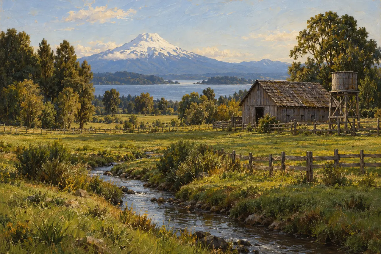 Óleo de un campo del sur de Chile con un estero, un estanque de agua de madera y el volcán Calbuco