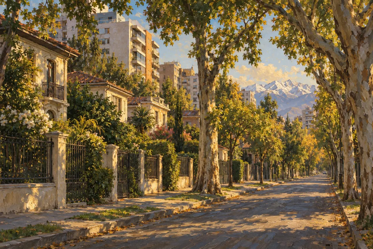 Óleo de una calle de Ñuñoa con plátanos orientales, casas antiguas y edificios, con la cordillera al fondo