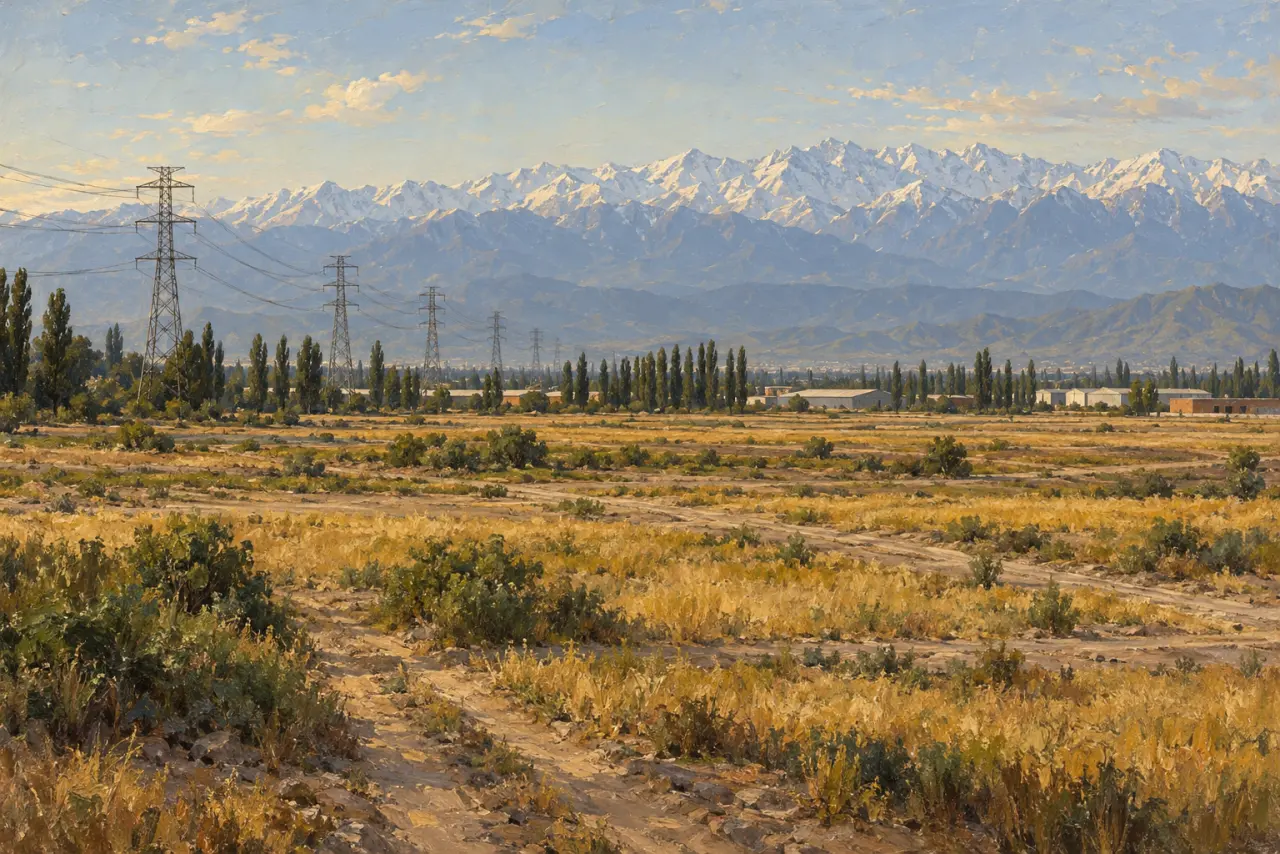 Óleo del llano al norte de Santiago con sitios vacíos, torres de alta tensión y la cordillera
