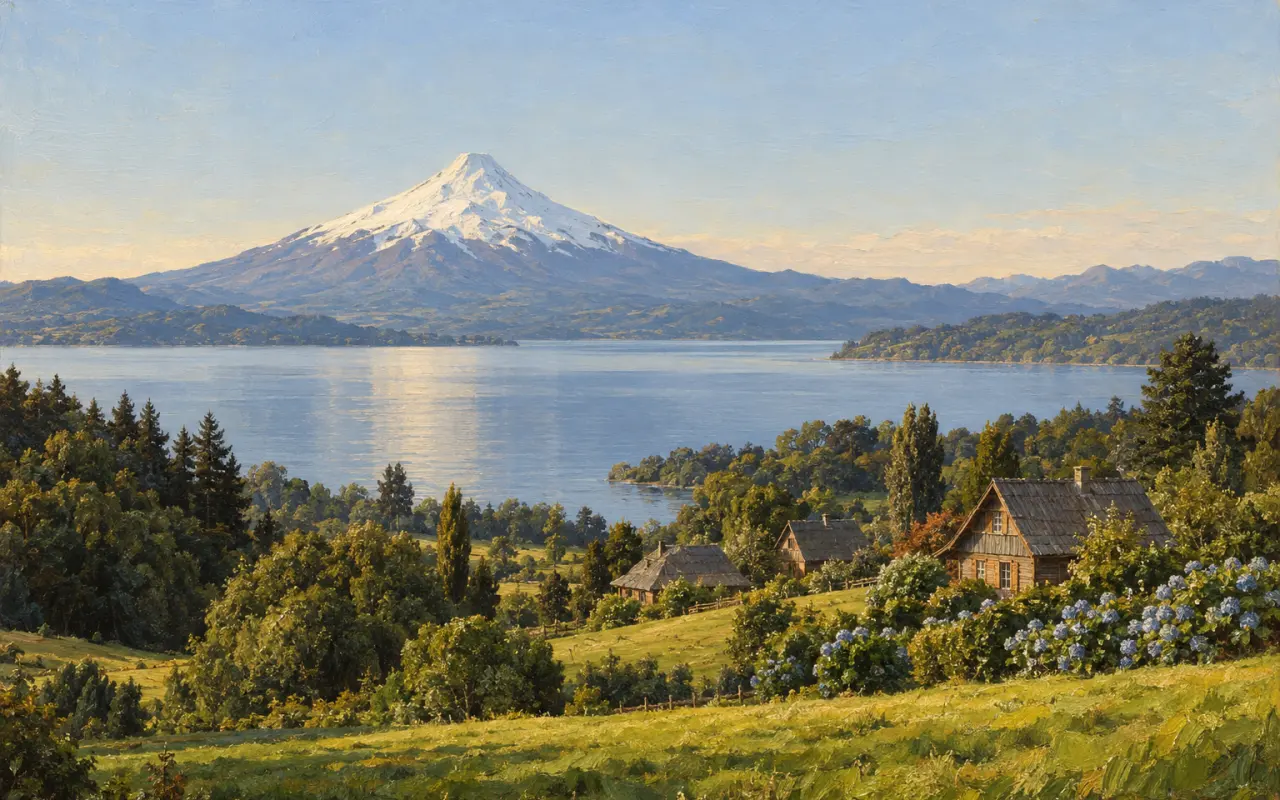 Óleo del lago Llanquihue con el volcán Osorno y casas de madera