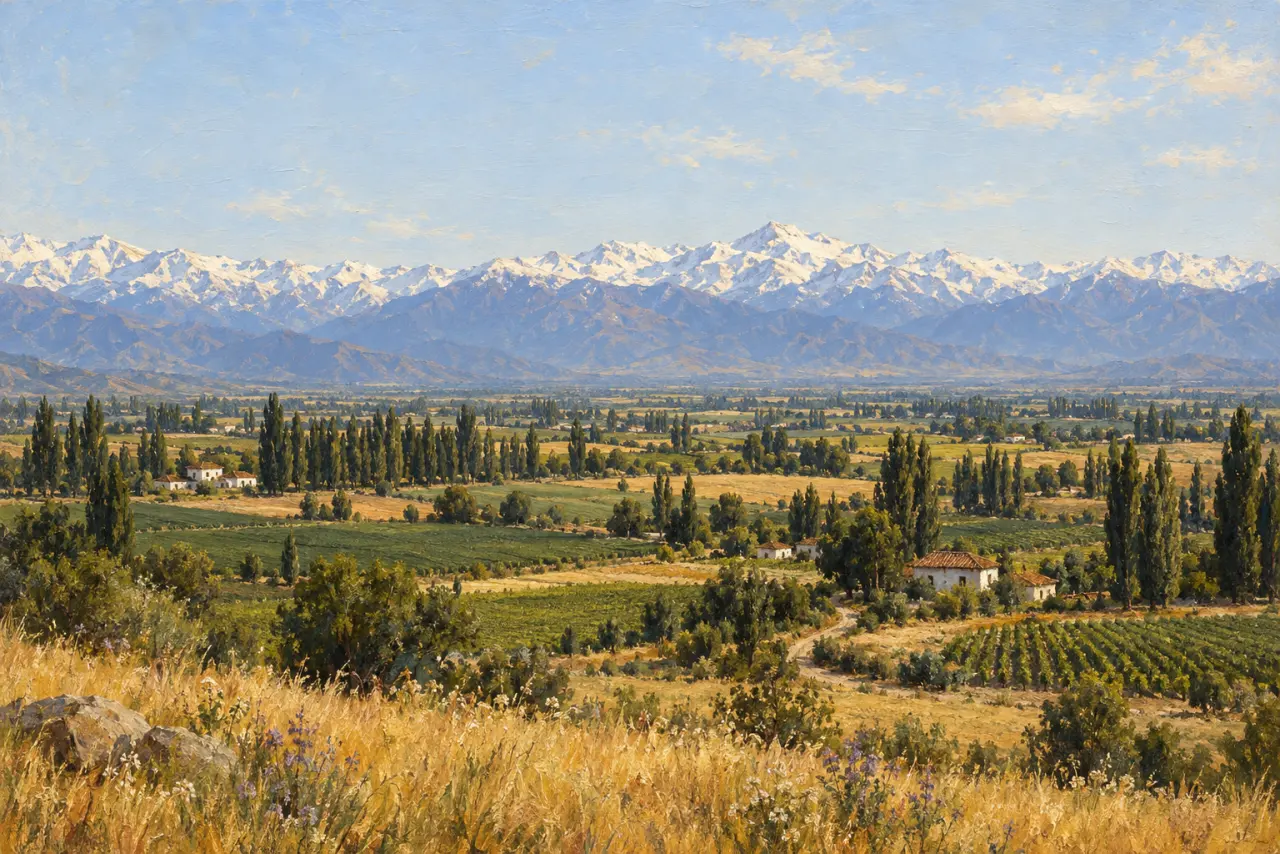 Óleo del valle central con álamos, viñas y casas de adobe